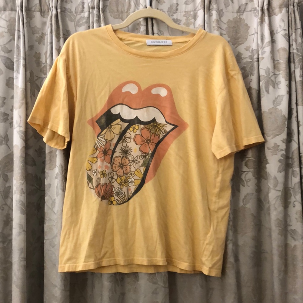 Daydreamer Rolling Stones Yellow Floral Tongue Graphic Print Short Sleeve Shirt